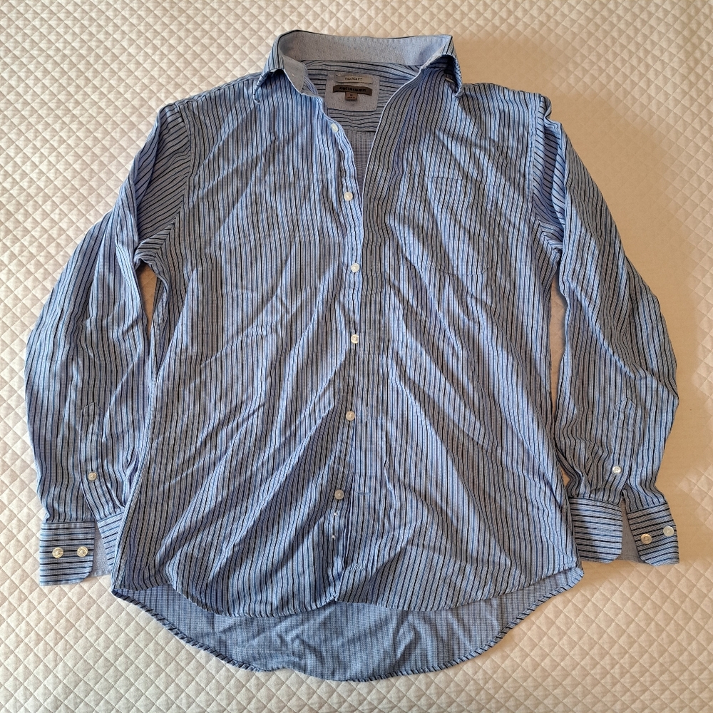 Mens M Medium Johnson & Murphy Blue Stripe Long Sleeve Shirt Tailored Fit